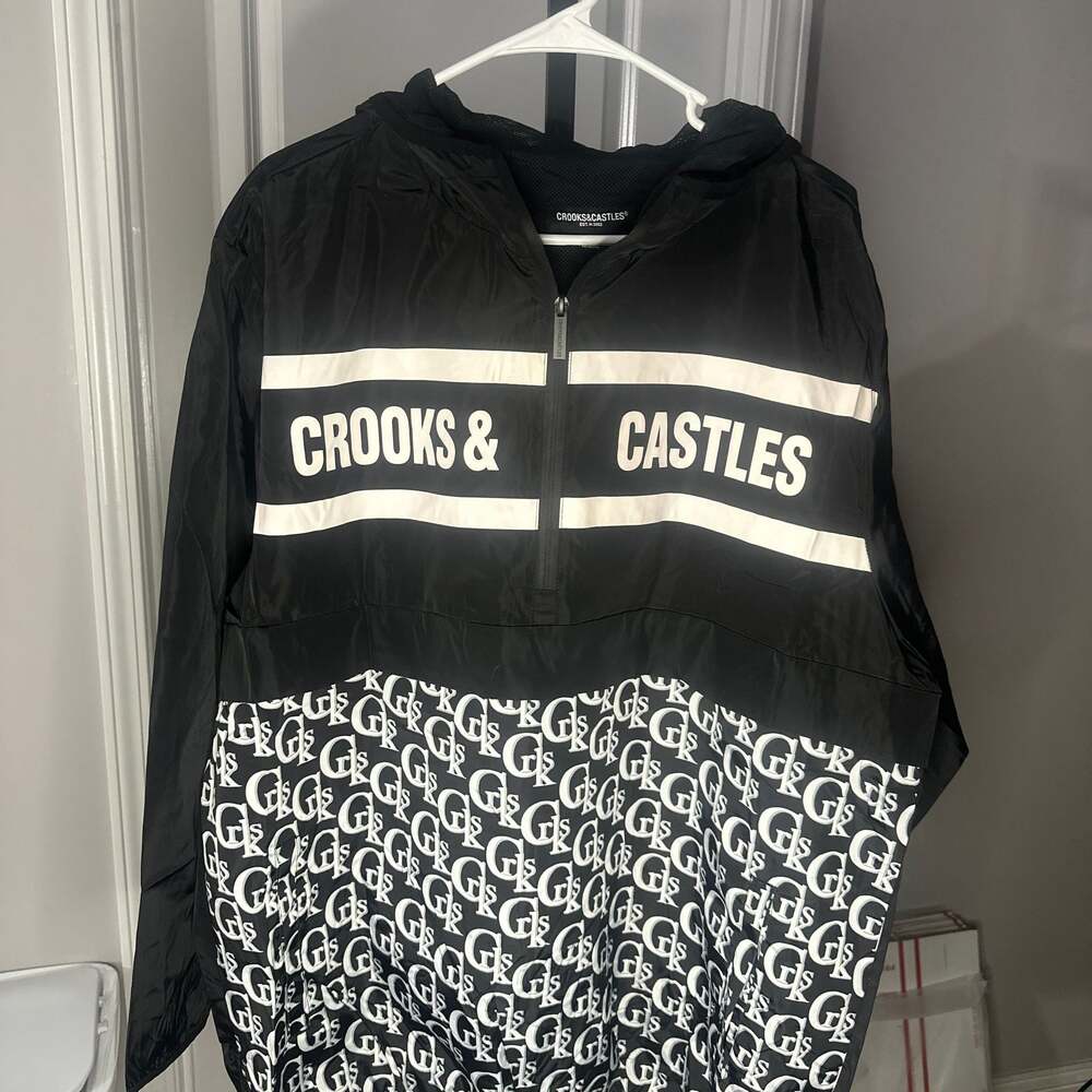 Crooks & Castles Men's Black Allover Logo Print Half-Zip Hooded Windbreaker#754